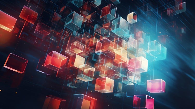 Graphic showing virtual 3D blocks in orange and blue